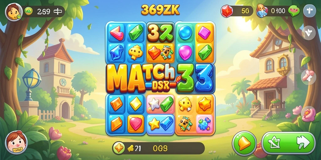 Tampilan permainan Match-3 yang cerah dan penuh warna dalam 369ZK.