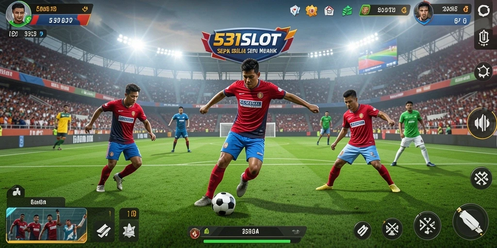 Tampilan gameplay <strong>531SLOT</strong> yang seru dan mendebarkan di lapangan sepak bola.