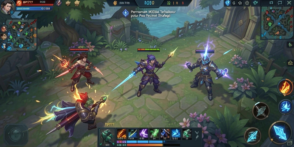 Tangkapan layar BPO777 menampilkan aksi pertempuran intens dalam gameplay MOBA.