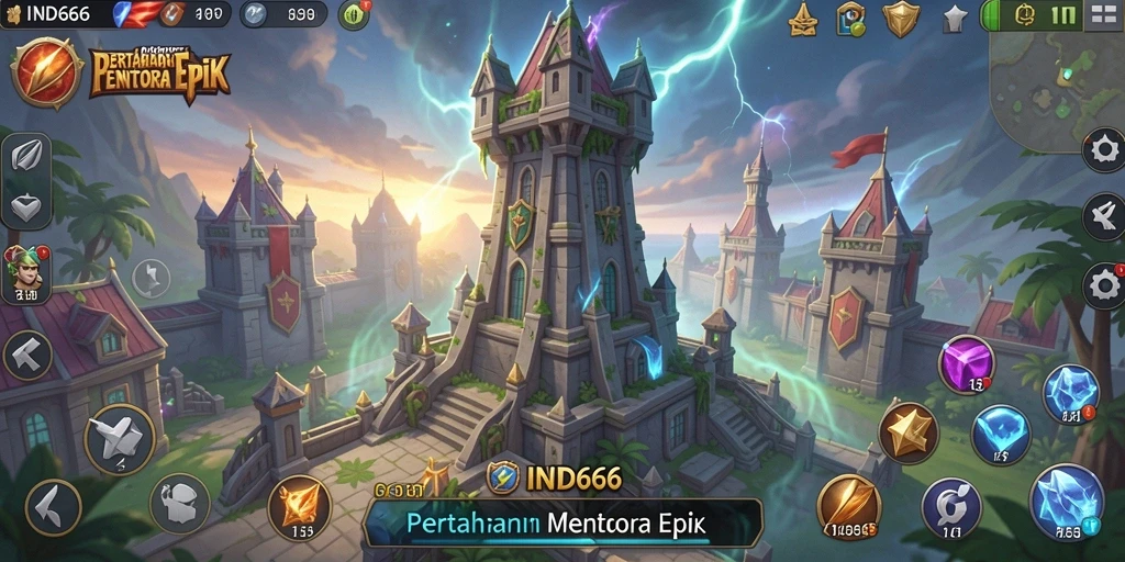 Tangkapan layar utama IND666 menampilkan aksi seru dalam pertahanan menara.