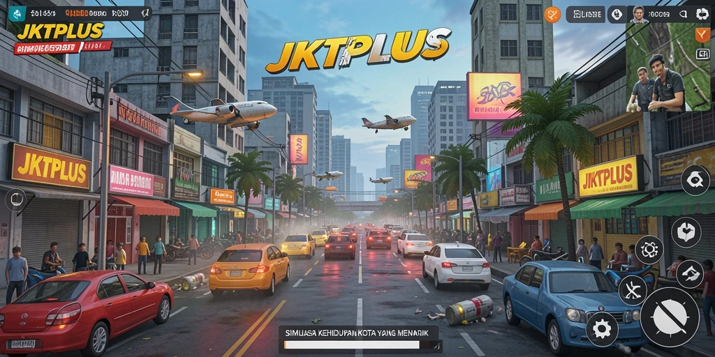 Tampilan gameplay JKTPLUS dengan aktivitas kota yang ramai.