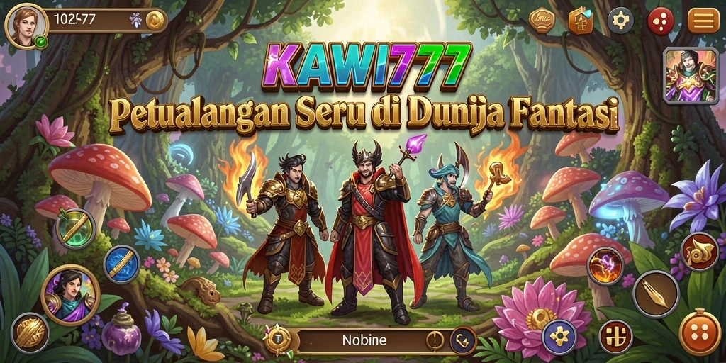 Tangkapan layar utama KAWI777 menampilkan karakter dalam misi petualangan.