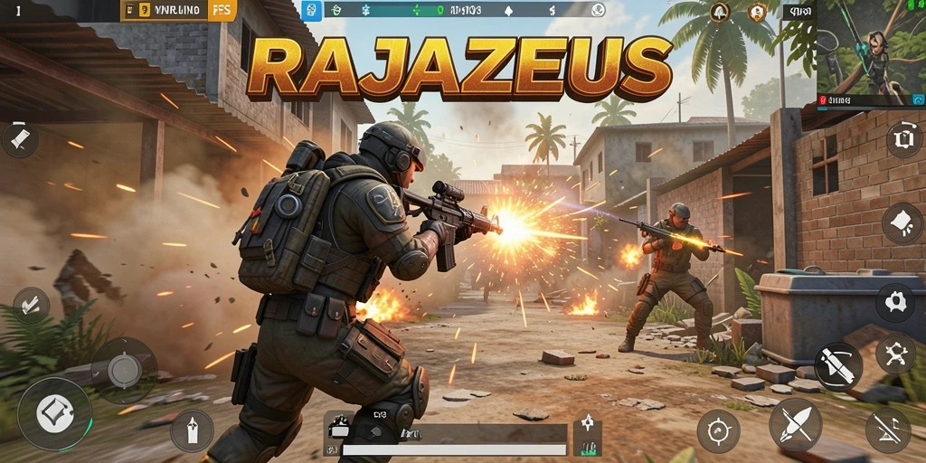 Screenshot utama RAJAZEUS menampilkan aksi FPS yang intens dan mendebarkan.