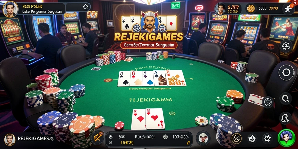 Tampilan gameplay seru di REJEKIGAMES dengan bertaruh di meja poker.