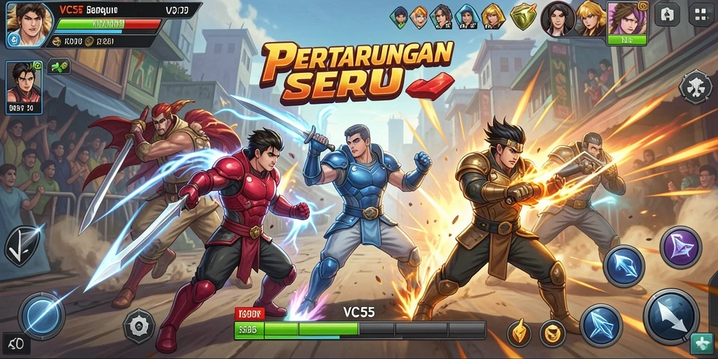 Tangkapan layar mempertunjukkan pertarungan intens dengan karakter yang unik di VC55.